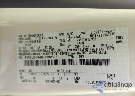 2017 Ford Escape Titanium z USA, uszkodzony, nr VIN 1FMCU0J94HUC92556